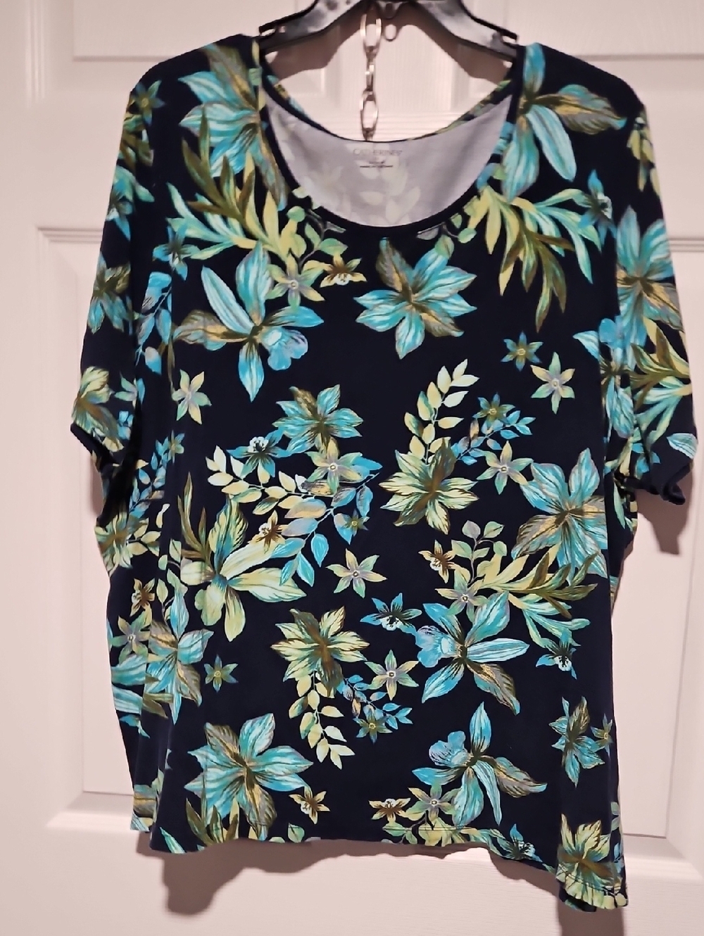 Catherines Navy Short Sleeve Tee with Turquoise & Green Floral Print